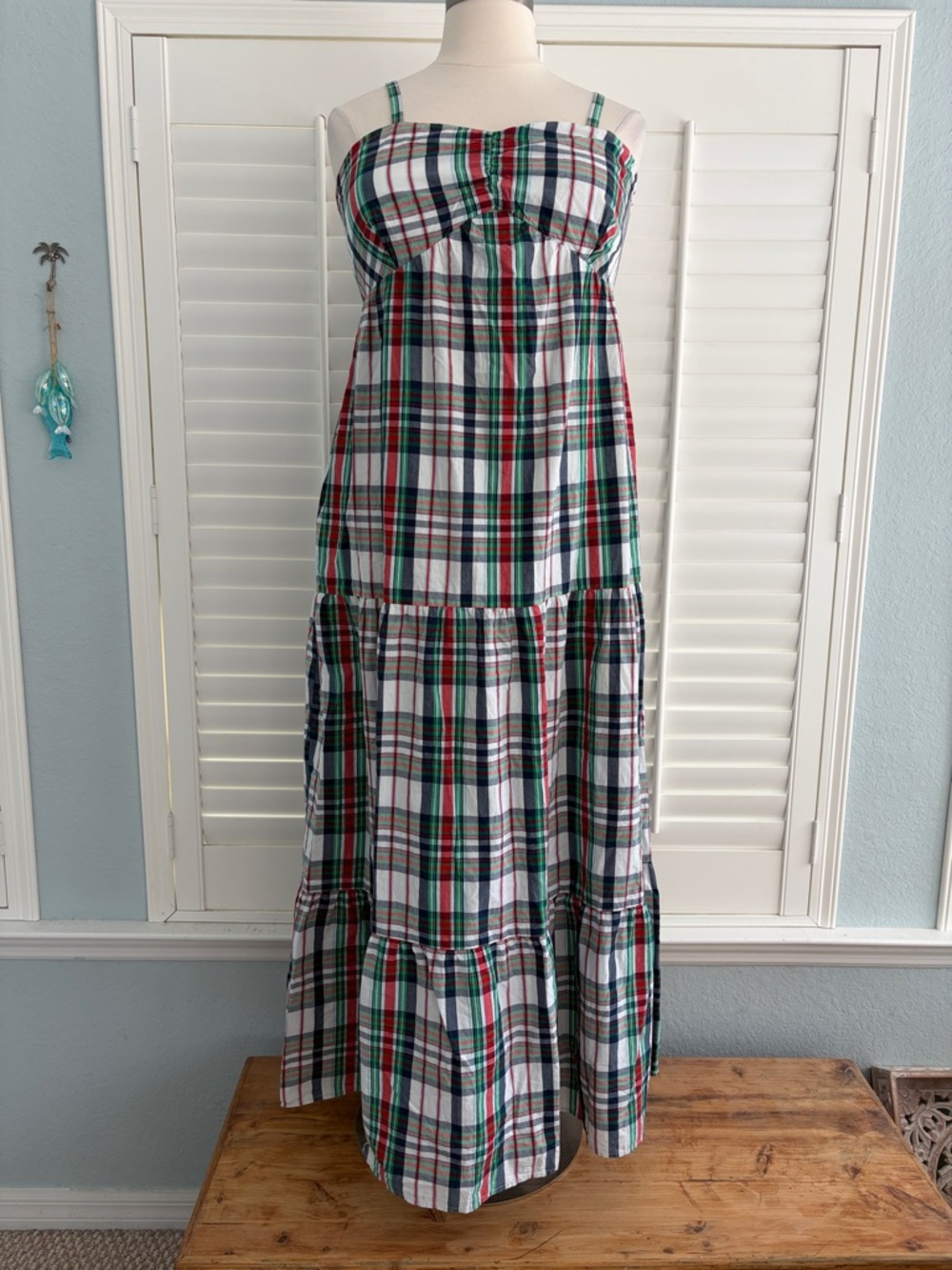 crown & ivy White Plaid Maxi Dress with Green and Red Stripes